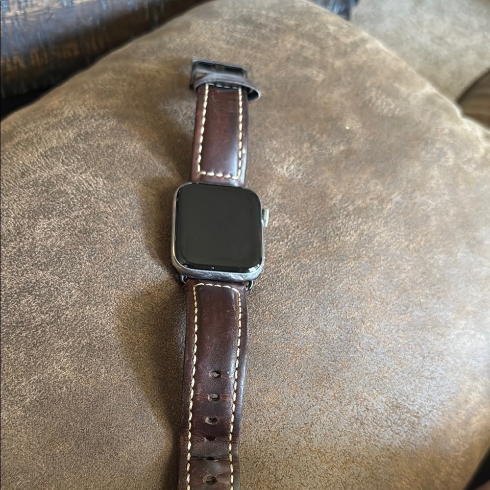 Brown and White Leather Watch Band with Contrast Stitching